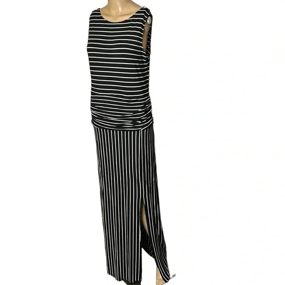 LNBF bamboo stripped,maxi dress,shirred women black &White Small. ,scoop EC